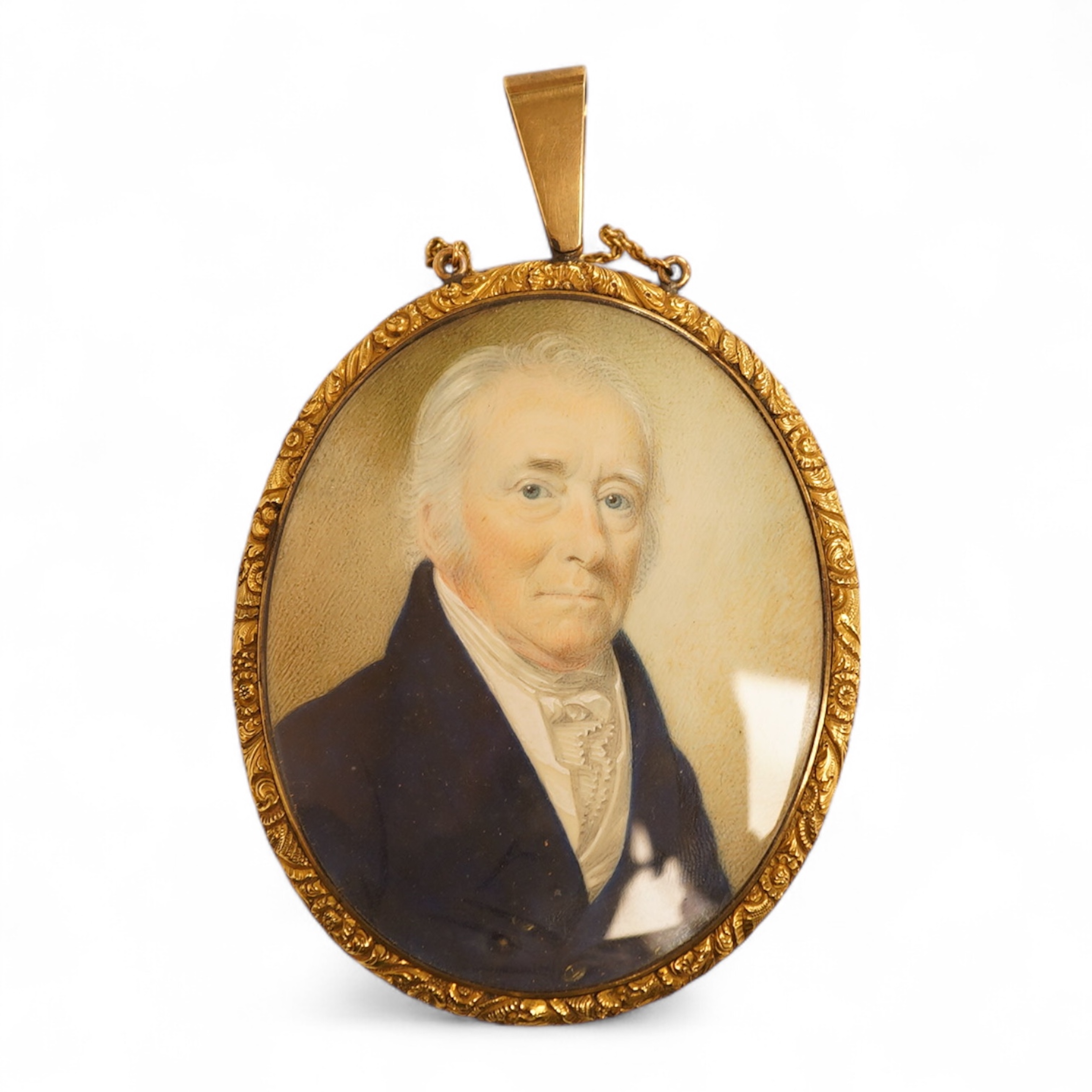 Thomas Richmond (1771-1837), portrait miniature on ivory, Portrait of Francis Robinson, with hair work and seed pearls verso, housed in a gilt metal case, 11cm high. CITES Submission reference EF4KBE7V